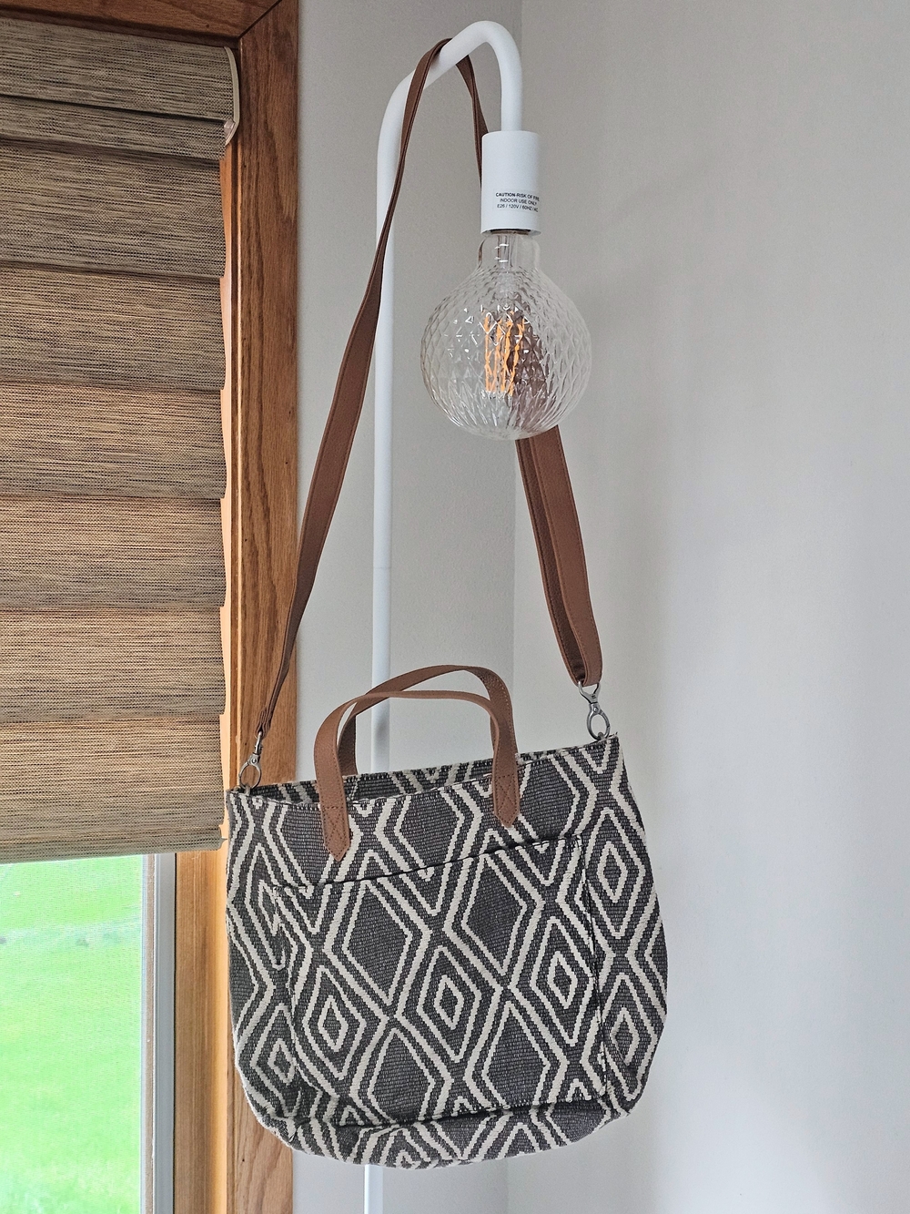 thirty-one Black and Cream Woven Geometric Tote with Brown Straps